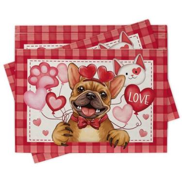 Imagem de Jogo americano para o dia dos namorados, buldogue francês, conjunto de 4, rosa, vermelho, coração, balão, xadrez, sala de jantar, decoração de mesa, presente para amantes de animais de estimação