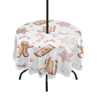 Imagem de Wassud Toalha de mesa redonda para uso ao ar livre com orifício para guarda-chuva, toalhas de mesa de pão de gengibre, 152 cm, toalhas de mesa para aniversário, casa de fazenda, cozinha