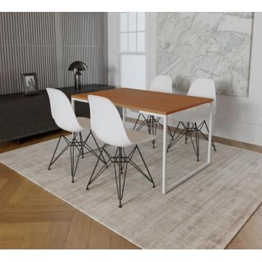 Imagem de Mesa Industrial Base Ferro Branco Tampo 137x90 Canela 4 Cadeiras Eames