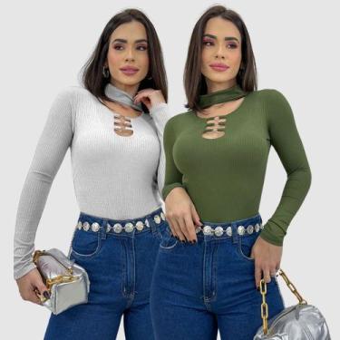 Imagem de Kit 2 Body Feminino Bojo Decote Argola Gola Choker Inverno - Swiss Bou
