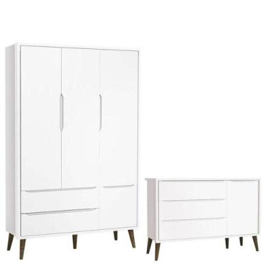 Imagem de Cômoda Infantil Com Porta E Guarda Roupa 3 Portas Theo Branco Acetinad