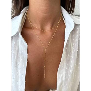 Imagem de Colar de ouro Lariat para mulheres, colar longo delicado banhado a ouro 14 quilates/prata em forma de Y, colar moderno em camadas com contas de zircônia cúbica, joias de ouro simples para presente
