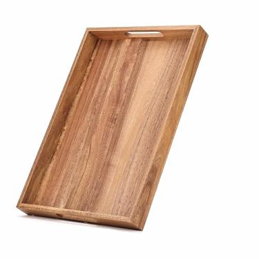 Imagem de Bandeja de madeira para servir com alças, bandeja de mesa de centro de 42 cm para uso diário, bandeja de madeira estilo fazenda para café da manhã, almoço, jantar, decoração de mesa de jantar, cozinha