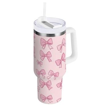 Imagem de SEHANY Copo fofo com laço rosa de 1,134 g com alça, copo isolado de aço inoxidável a vácuo de parede dupla, à prova de vazamento, caneca de café isolada para viagem cabe no suporte de copo de carro