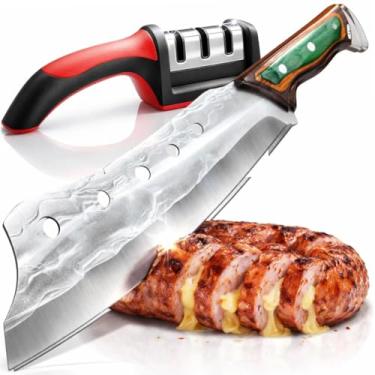 Imagem de Cutelo Artesanal Sérvio Aço Inox Profissional Para Churrasco e Cozinha - Faca do Chef Forjada com Cabo Madeira + Afiador de Facas - Lâmina Grossa 5mm Curva Ergonômica Full Tang Acabamento