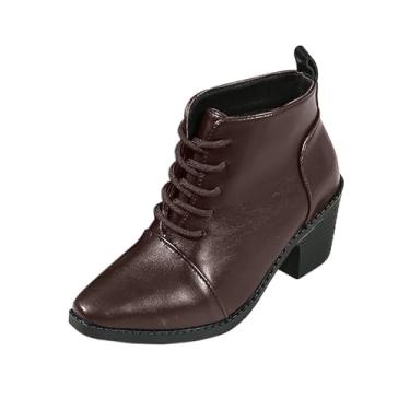 Imagem de Botas femininas modernas casuais estilo britânico de inverno bico fino com cadarço frontal salto médio botas no tornozelo, Café, 36