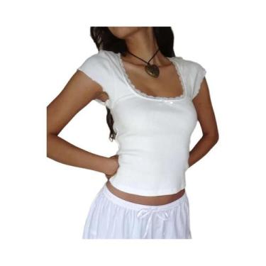 Imagem de Camiseta Vintage Y2K Branca Com Decote Quadrado E Detalhes Em Renda, T