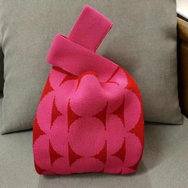 Imagem de Bolsa de mão de malha moderna estética, bolsa de pulso de tecido com contraste de cores para uso diário e ocasiões especiais, Vermelho rosa, One Size