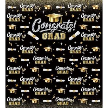 Imagem de Congrats Grad Backdrop preto dourado fundo fotográfico vertical, decorações de festa de formatura, banner de graduação sênior 2026, fundo de cabine de fotos de parabéns, tema de boné de diploma