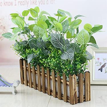 Imagem de SLGGPJBU Plantas artificiais em vasos de plantas artificiais em vaso de madeira arranjo de plantas verdes artificiais em caixa de plantador de madeira retangular plantas artificiais em vasos