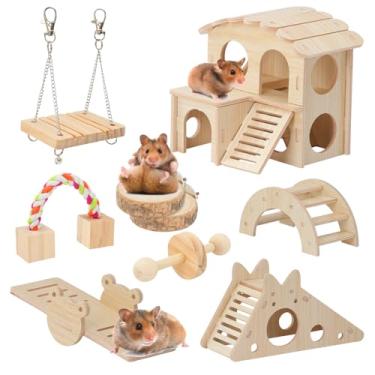 Imagem de IUMLXJO Conjunto de 9 peças de brinquedos de hamster de madeira, esconderijo de porquinho-da-índia com casa, brinquedos para mastigar animais pequenos, quebra-tédio, acessórios de gaiola, ponte de