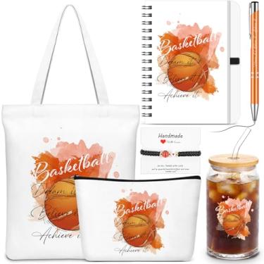 Imagem de Hillban Conjunto de 6 peças de lembrancinhas de festa de basquete para mulheres, bolsa de basquete, bolsa de maquiagem, copo de palha de vidro, caneta, caderno, presente, para jogadores, atletas