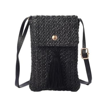 Imagem de Mini bolsa de praia de palha para mulheres bolsa de palha de tecido de verão linda bolsa tiracolo para telefone para mulheres, Preto, Simplicidade