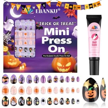 Imagem de EBANKU Conjunto de unhas postiças de Halloween infantil, 72 peças, cobertura completa, laranja, fantasma, abóbora, fantasma, unhas de acrílico com cola de unha para meninas