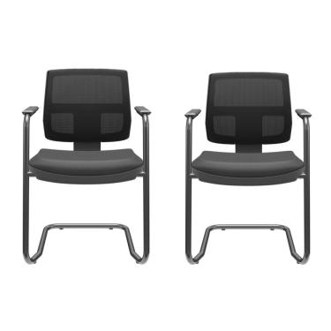 Imagem de Kit 02 Cadeiras Aproximação Interlocutor Fixa Brizza Plaxmetal Estrutura S Preta Assento Couro Eco Encosto Tela Preto