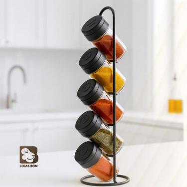 Imagem de Porta Temperos Condimentos Com 5 Potes Em Vidro Com Suporte Preto Ferr