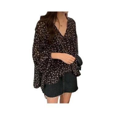 Imagem de Blusa Feminina De Chiffon Com Decote Em V, Estampa Floral, Manga Longa