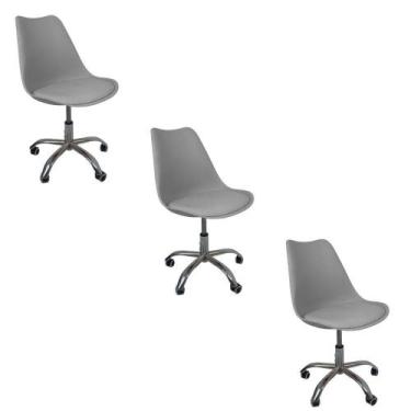 Imagem de Kit 3 Cadeiras Office Base Cromada Com Rodizio Giratória Saarinen Cinz