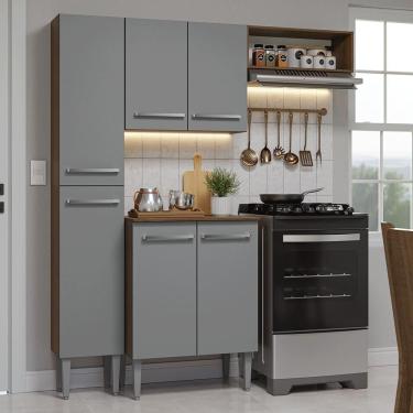 Imagem de Armário de Cozinha Compacta Emilly 6 Portas MDP 156cm Rustic e Cinza com Paneleiro Balc...