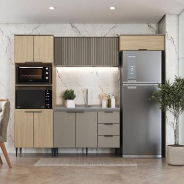 Imagem de Cozinha Completa Modulada 4 Peças com Aéreo Ripado e Aéreo Geladeira L
