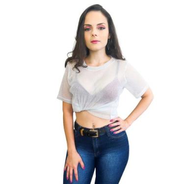 Imagem de Cropped Blusa Feminina Slim Transparente Brilho Festa Moda - KLIZZ, P,