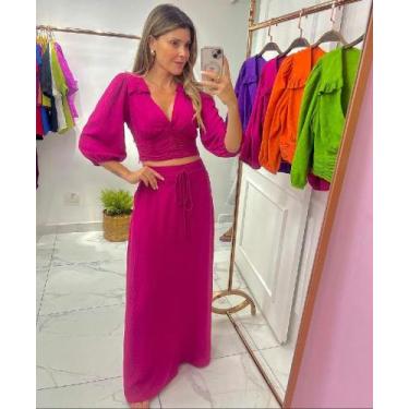 Imagem de conjunto saia longa viscose maquinetada mante cropped cor pink tam G -