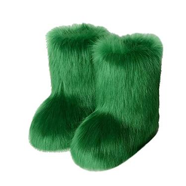 Imagem de TangDao Botas coloridas de pele sintética para mulheres, felpudo, felpudo, bico redondo, camurça, inverno, confortável, pelúcia, quente, curto, botas de neve, botas de cano médio para