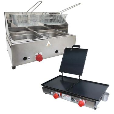Imagem de Kit Lanchonete Chapa 60cm com Prensa e Fritadeira Profissional 2 Cubas Alcamar