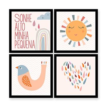 Imagem de Kit 4 Quadros Decorativos 35x35 cm com MOLDURA Sonhe Alto Minha Pequena Decoração Quarto Infantil