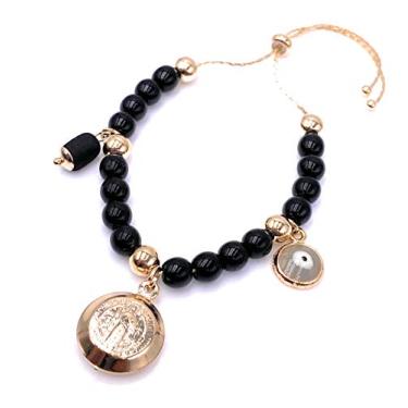 Imagem de Pulseira de contas de vidro preto banhado a ouro 18 K com medalha de São Bento ajustável, joia de proteção de olho turco e Azabache genuíno, Adjustable, Vidro, Banhado a ouro