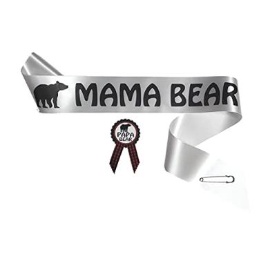 Imagem de Faixa xadrez Buffalo para chá de bebê mamãe urso e broche para mamãe e papai serem branco e preto com broche de strass