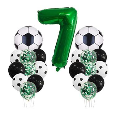 Imagem de Decorações de festa de aniversário de futebol para crianças meninos meninas bola de futebol tema 7 anos decoração de aniversário infantil número 7 balão, balão de folha de futebol, balão verde para celebração temática de futebol