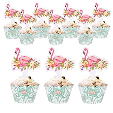 Imagem de Lenços de cupcake havaianos luau cupcakes palitos de bolo de papel de flamingo para cupcake de dupla face toppers para festa de aniversário de crianças, decoração de casamento - decoração de festa de