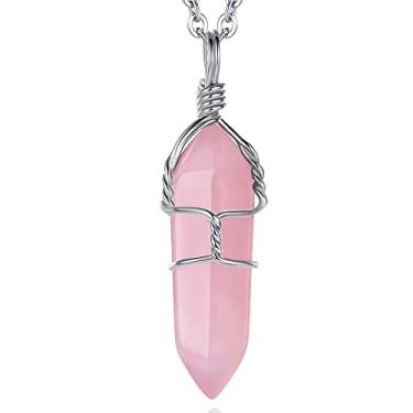 Imagem de QINJIEJIE Colar de quartzo rosa para mulheres, colar de cristal hexagonal, pontiagudo, cristais de cura, Reiki, equilíbrio de energia, meditação, presente de dia das mães, 1 peça