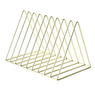 Imagem de KIZQYN Estante de metal de mesa, rack de armazenamento simples de forma triangular, adequado para estante de armazenamento de revistas/livros (cor: ouro)