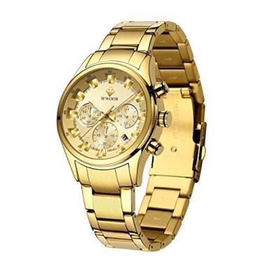 Imagem de Relógio masculino multifuncional cronógrafo à prova d'água analógico de quartzo de aço inoxidável moderno relógio de pulso luminoso com data, Glod