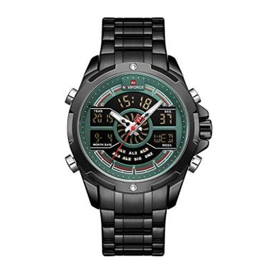 Imagem de NAVIFORCE Relógio masculino analógico digital de aço inoxidável, quartzo, à prova d'água, cronômetro, alarme, multifunções, relógio de pulso militar para homens, B/GN, Digital