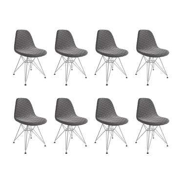 Imagem de Kit 8 Cadeiras Jantar Eames Eiffel Estofadas Grafite Base Ferro Branco