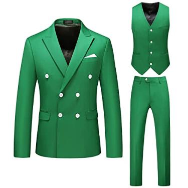 Imagem de Conjuntos de Terno Masculino 3 Peças Blazer Calças Colete Plus Size Trespassado Casual Slim Fit Blazer Jaquetas para Festa Jantar Baile, Verde, P