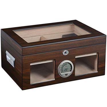 Imagem de Caixa de exibição de charutos com umidificador de cedro para charutos com grande capacidade para 120 charutos com umidificador e higrômetro eletrônico - Presente para homem
