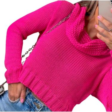 Imagem de Blusa De Frio Pink Tricot de Tricô  Com Trança e Gola Boba Feminina