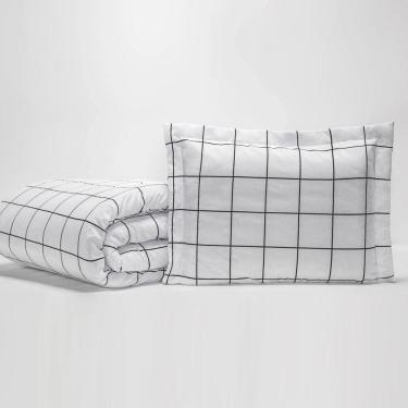 Imagem de Kit Edredom Casal King 03 Peças Minimalist Quadriculado Tecido Percal 180 Fios Macio - Branco