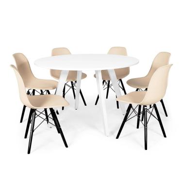 Imagem de Conjunto Mesa de Jantar Redonda Amanda 120cm Branca com 6 Cadeiras Eames Eiffel Base Preta - Nude