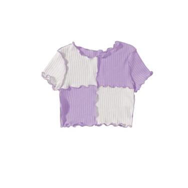 Imagem de Milumia Camiseta cropped feminina de malha canelada color block manga curta acabamento alface gola redonda, Bege e roxo, 14 Anos