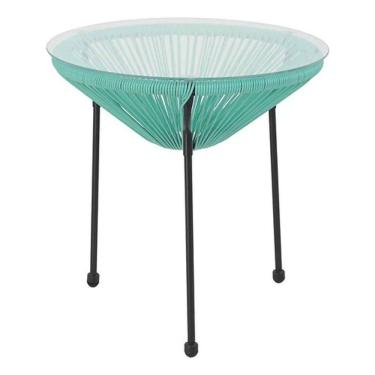 Imagem de Mesa Redonda Aço Vidro 50x50cm Rattan Azul - Home Deluxe