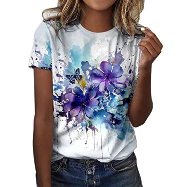 Imagem de Camiseta de batimento cardíaco para mulheres, camisetas com estampa floral, camisetas engraçadas, manga curta, casual, verão, camiseta fofa com estampa de animal, G#_roxo, 3G