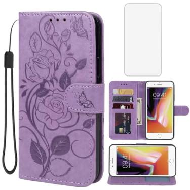 Imagem de Vavies Capa para iPhone 6, capa carteira para Apple 6 com protetor de tela de vidro temperado, capa de telefone com suporte para cartão de crédito de couro floral para iPhone 6 roxa