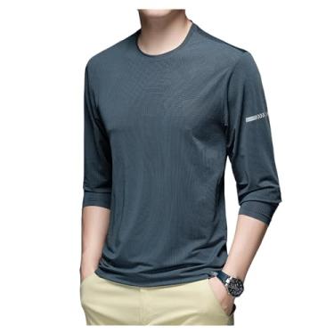 Imagem de Camisa esportiva masculina manga longa cor sólida camiseta atlética gola redonda respirável, Cinza, G
