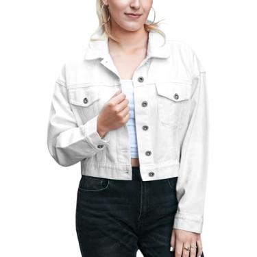 Imagem de Anna-Kaci Jaqueta jeans feminina clássica cropped manga longa abotoada jaqueta básica caminhoneiro, esbranquiçada, pequena, Off-white, G