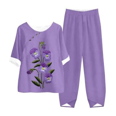 Imagem de Roupas femininas de verão de 2 peças, gola redonda, botões, camisa de Alzheimer, calças compridas soltas, conjunto de linho roxo com bolsos, rosa, 5X-Large